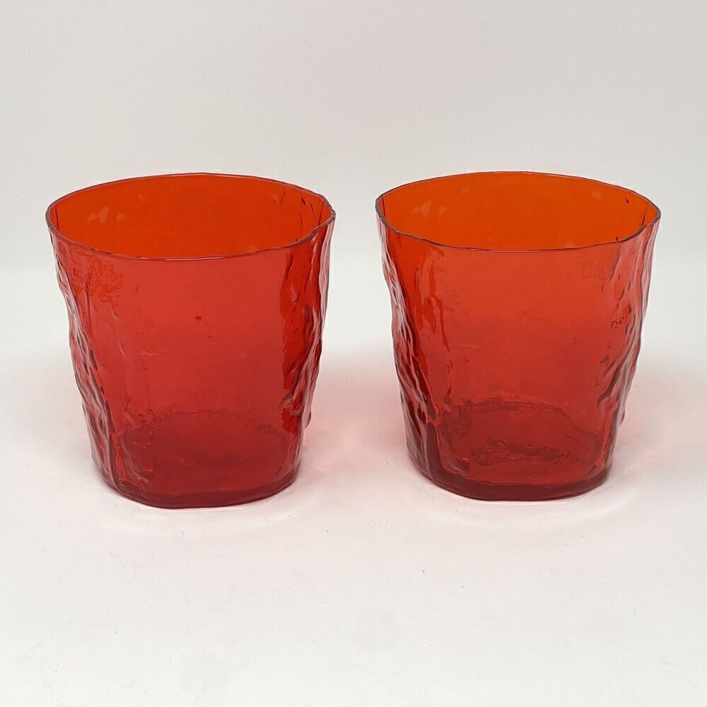 Vintage Morgantown Crinkle Red Double Old Fashioned Glasses MCM 3.5” Set Of 2